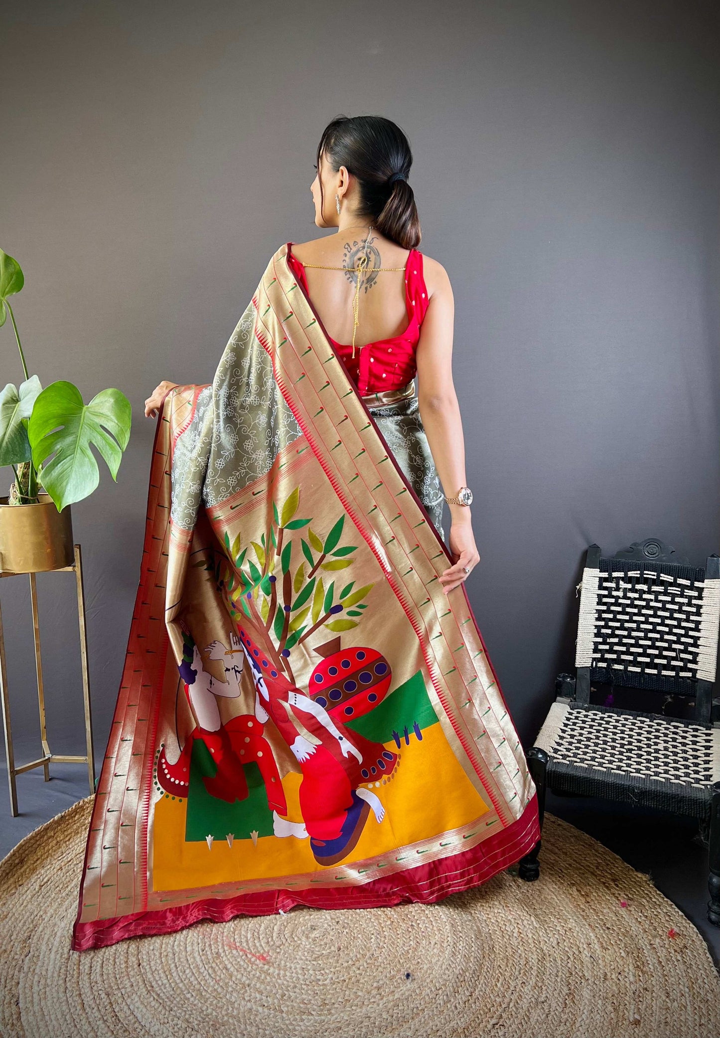 Elora Grey Soft Silk Checked Zari Weaving Banarasi Saree