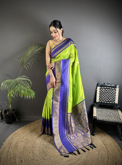 Elora Light Green Soft Silk Woven Dual Zari Work Banarasi Saree