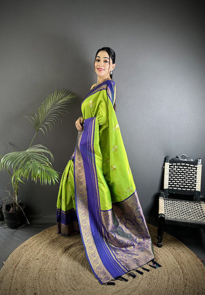 Elora Light Green Soft Silk Woven Dual Zari Work Banarasi Saree