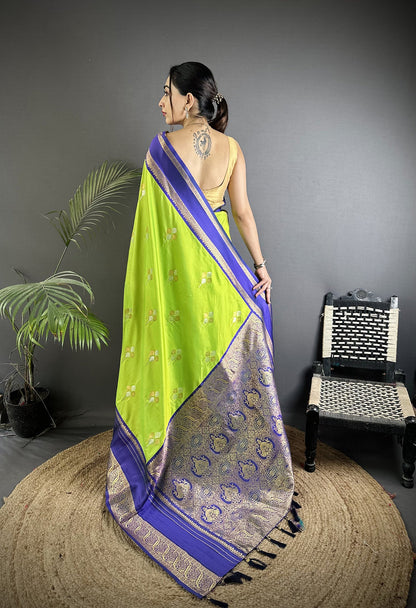 Elora Light Green Soft Silk Woven Dual Zari Work Banarasi Saree