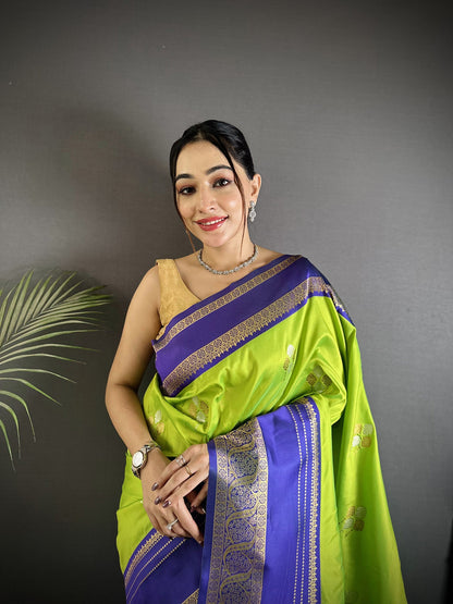 Elora Light Green Soft Silk Woven Dual Zari Work Banarasi Saree