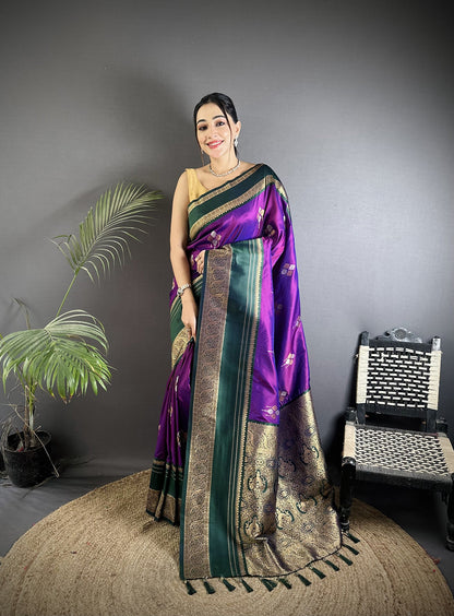 Elora Purple Soft Silk Woven Dual Zari Work Banarasi Saree