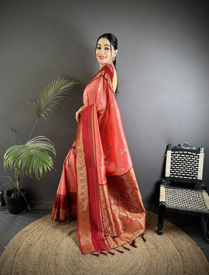 Elora Salmon Pink Soft Silk Woven Dual Zari Work Banarasi Saree