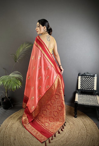Elora Salmon Pink Soft Silk Woven Dual Zari Work Banarasi Saree