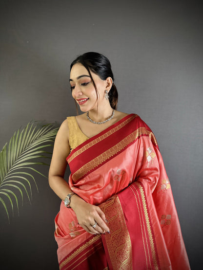 Elora Salmon Pink Soft Silk Woven Dual Zari Work Banarasi Saree
