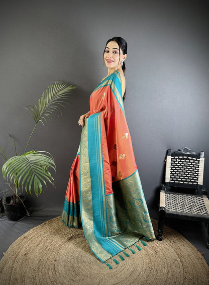 Elora Peach Soft Silk Woven Dual Zari Work Banarasi Saree