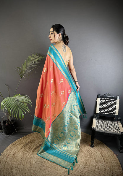 Elora Peach Soft Silk Woven Dual Zari Work Banarasi Saree