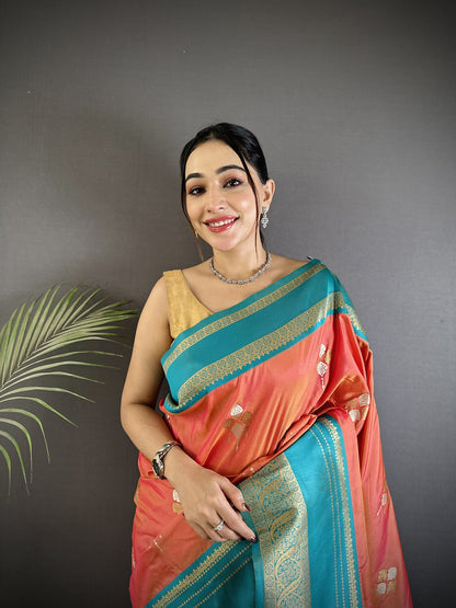 Elora Peach Soft Silk Woven Dual Zari Work Banarasi Saree