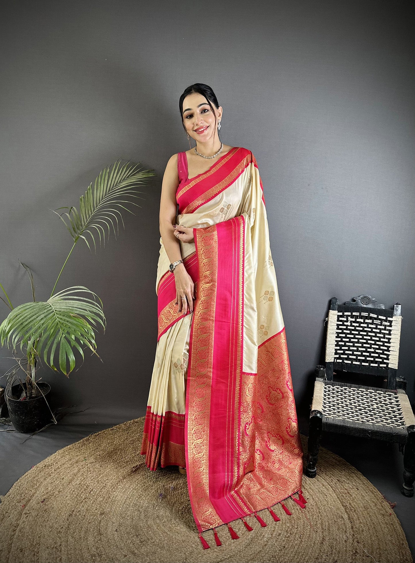 Elora Cream Soft Silk Woven Dual Zari Work Banarasi Saree