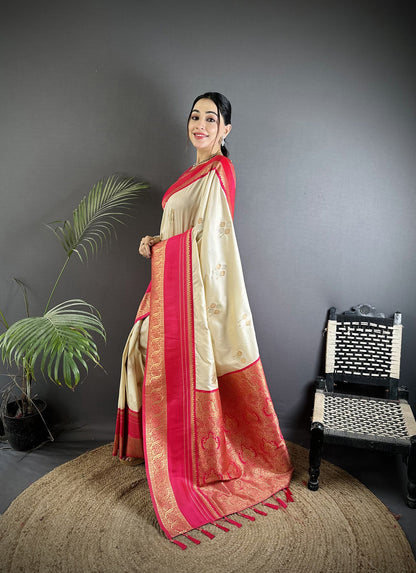 Elora Cream Soft Silk Woven Dual Zari Work Banarasi Saree