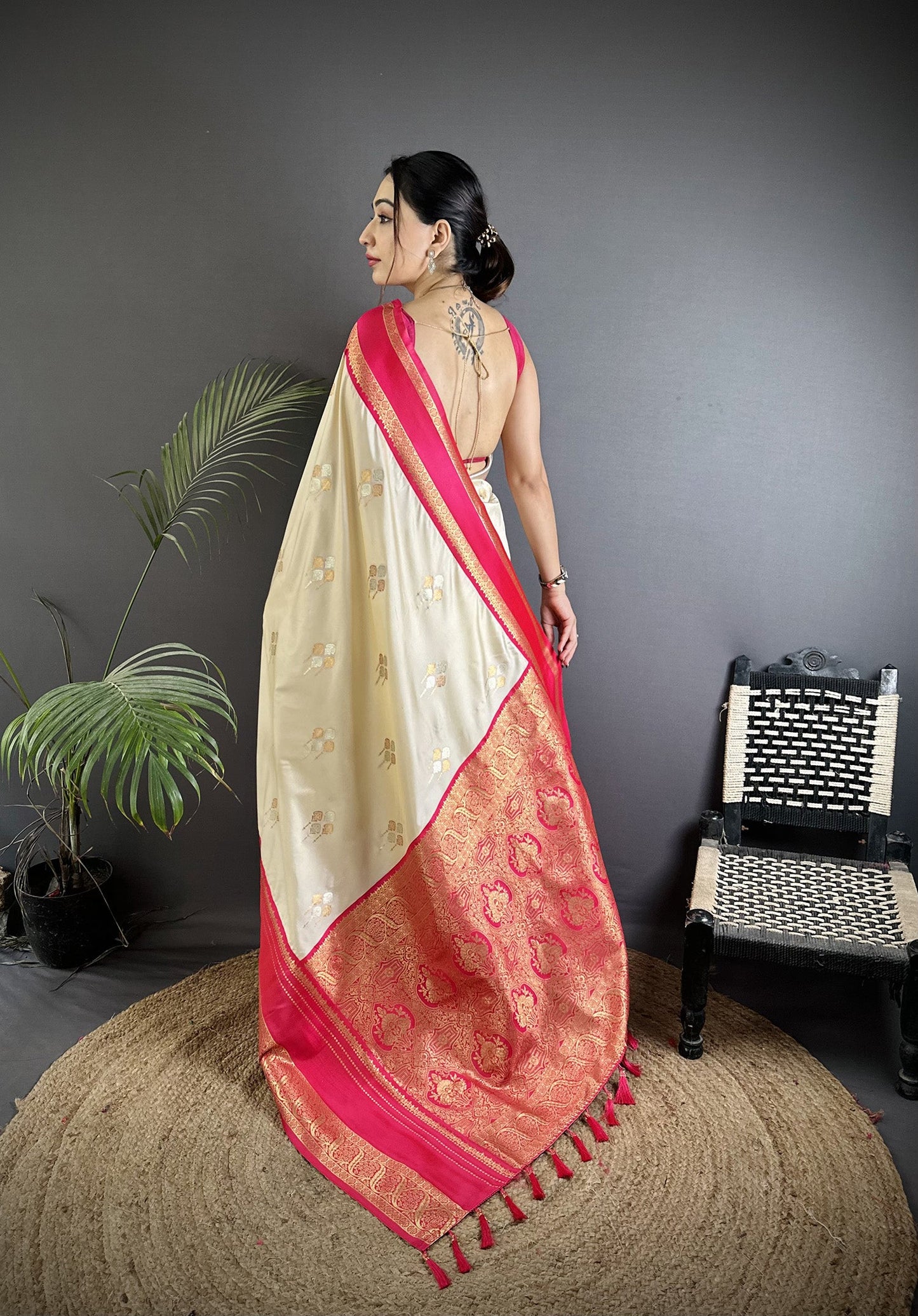 Elora Cream Soft Silk Woven Dual Zari Work Banarasi Saree