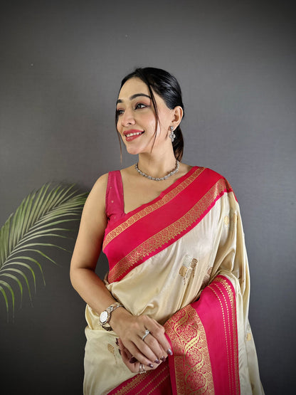 Elora Cream Soft Silk Woven Dual Zari Work Banarasi Saree
