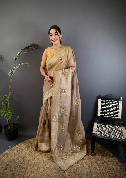 Elora Mud Brown Organza Silk Handloom Banarasi Saree With Heavy Khatali Butta Work
