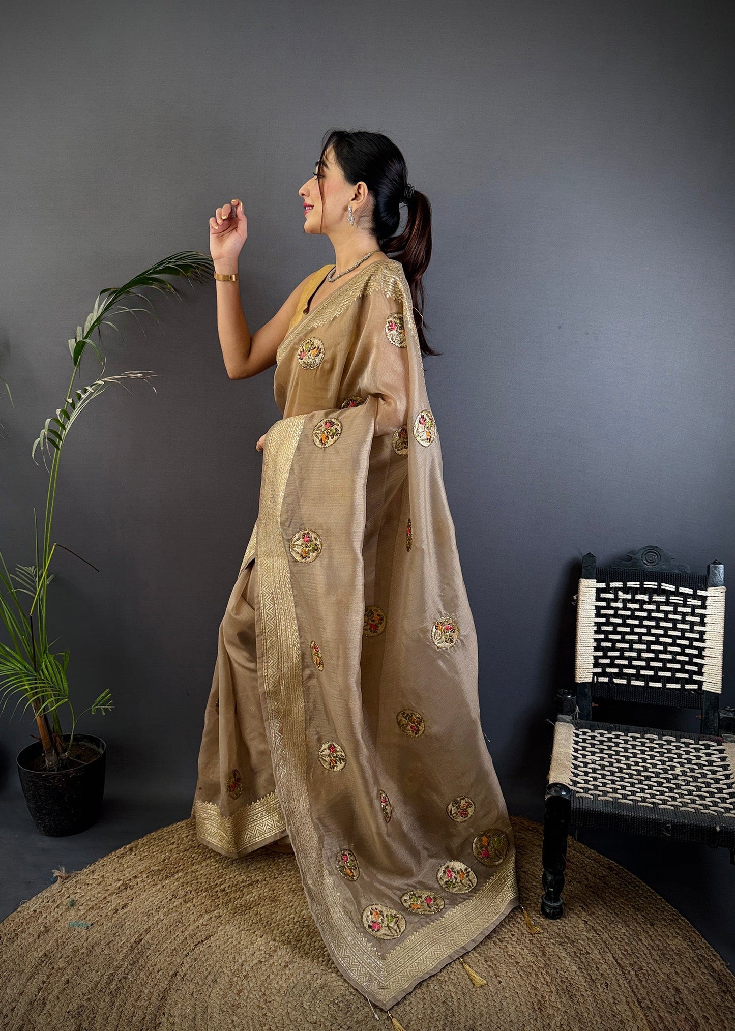 Elora Mud Brown Organza Silk Handloom Banarasi Saree With Heavy Khatali Butta Work