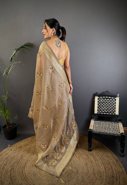 Elora Mud Brown Organza Silk Handloom Banarasi Saree With Heavy Khatali Butta Work