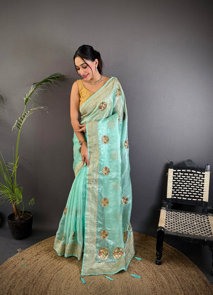 Elora Sky Blue Organza Silk Handloom Banarasi Saree With Heavy Khatali Butta Work