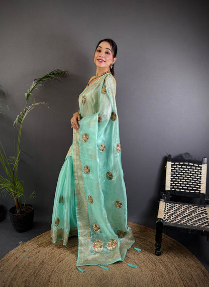 Elora Sky Blue Organza Silk Handloom Banarasi Saree With Heavy Khatali Butta Work