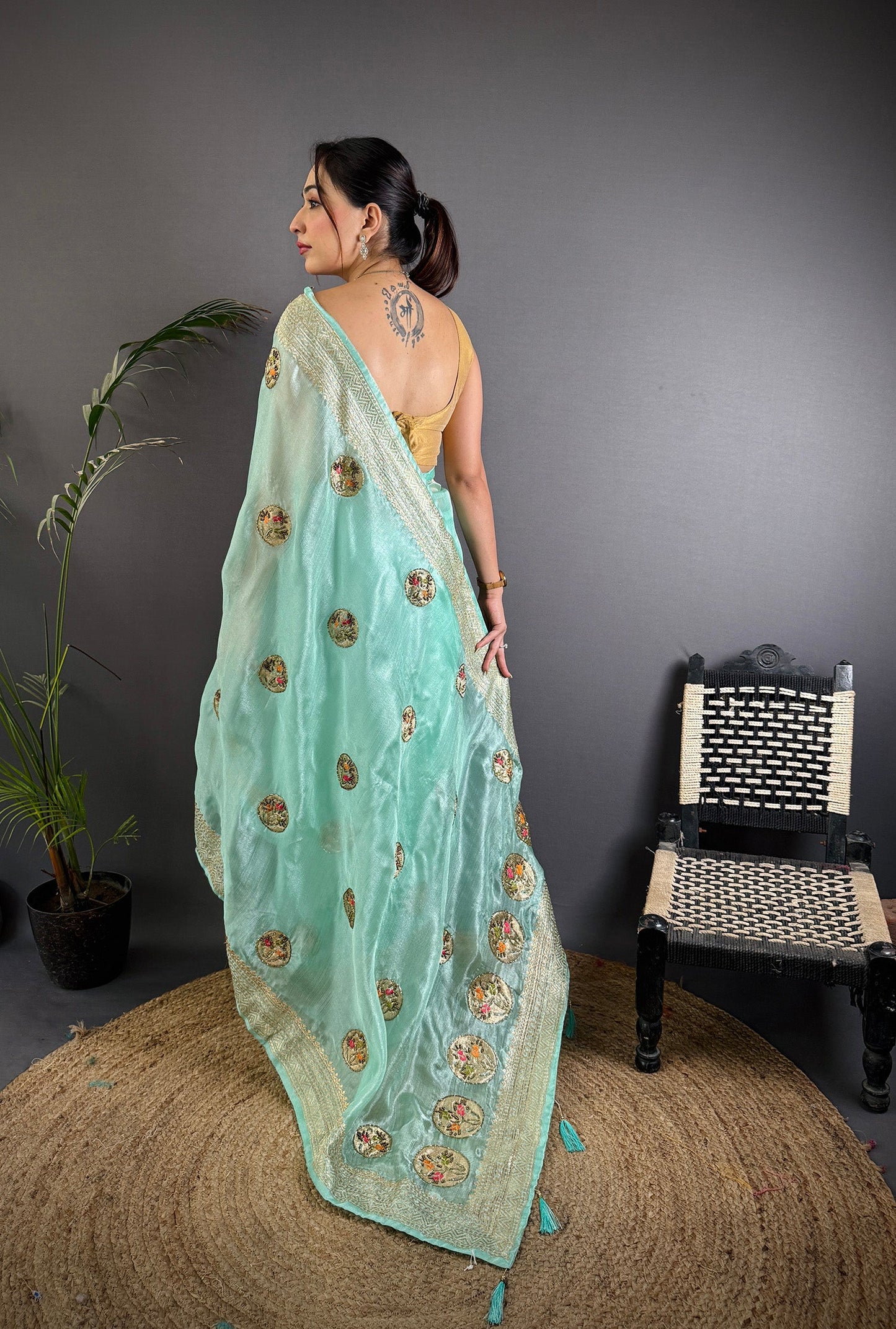 Elora Sky Blue Organza Silk Handloom Banarasi Saree With Heavy Khatali Butta Work