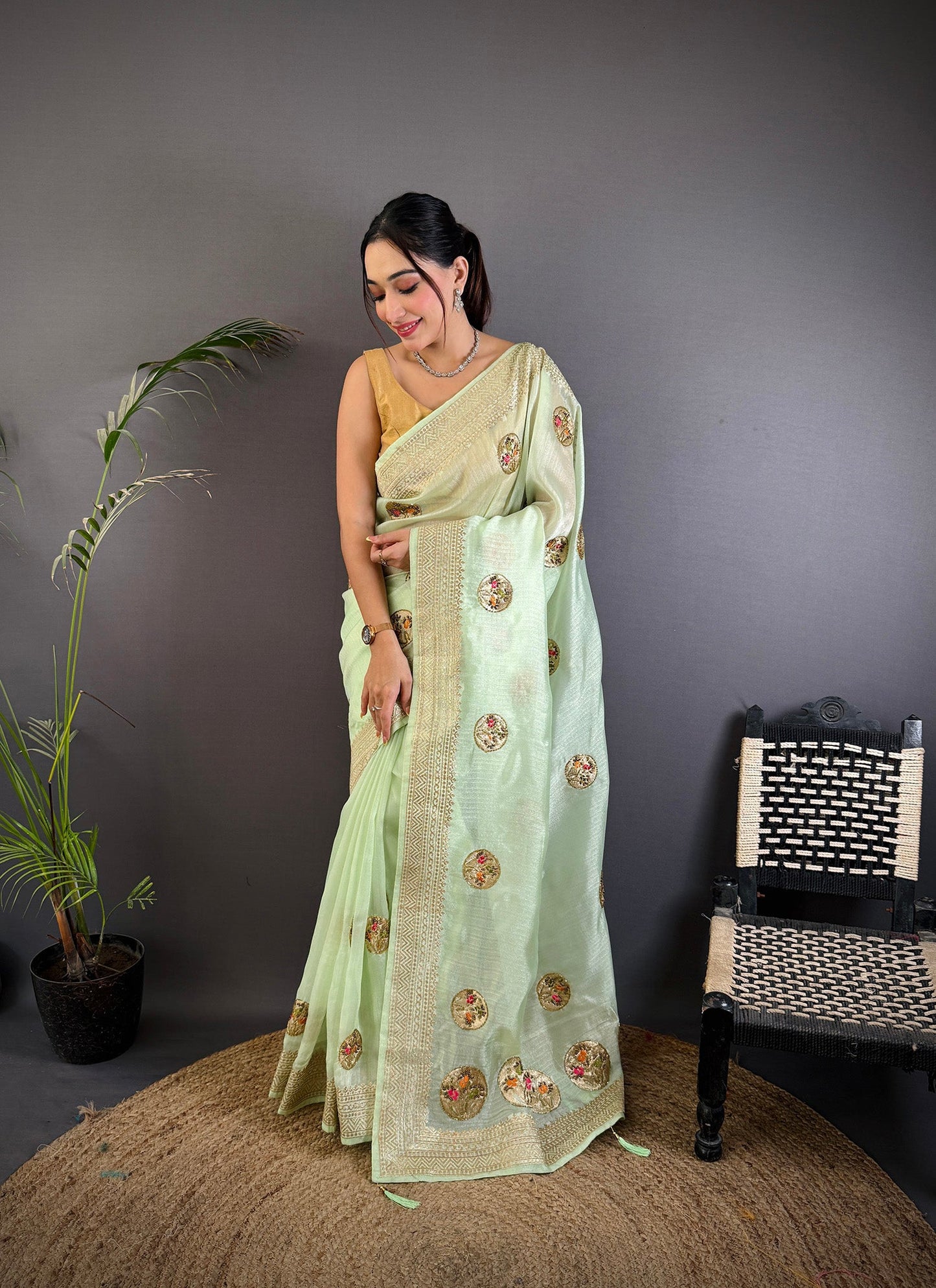 Elora Light Green Organza Silk Handloom Banarasi Saree With Heavy Khatali Butta Work