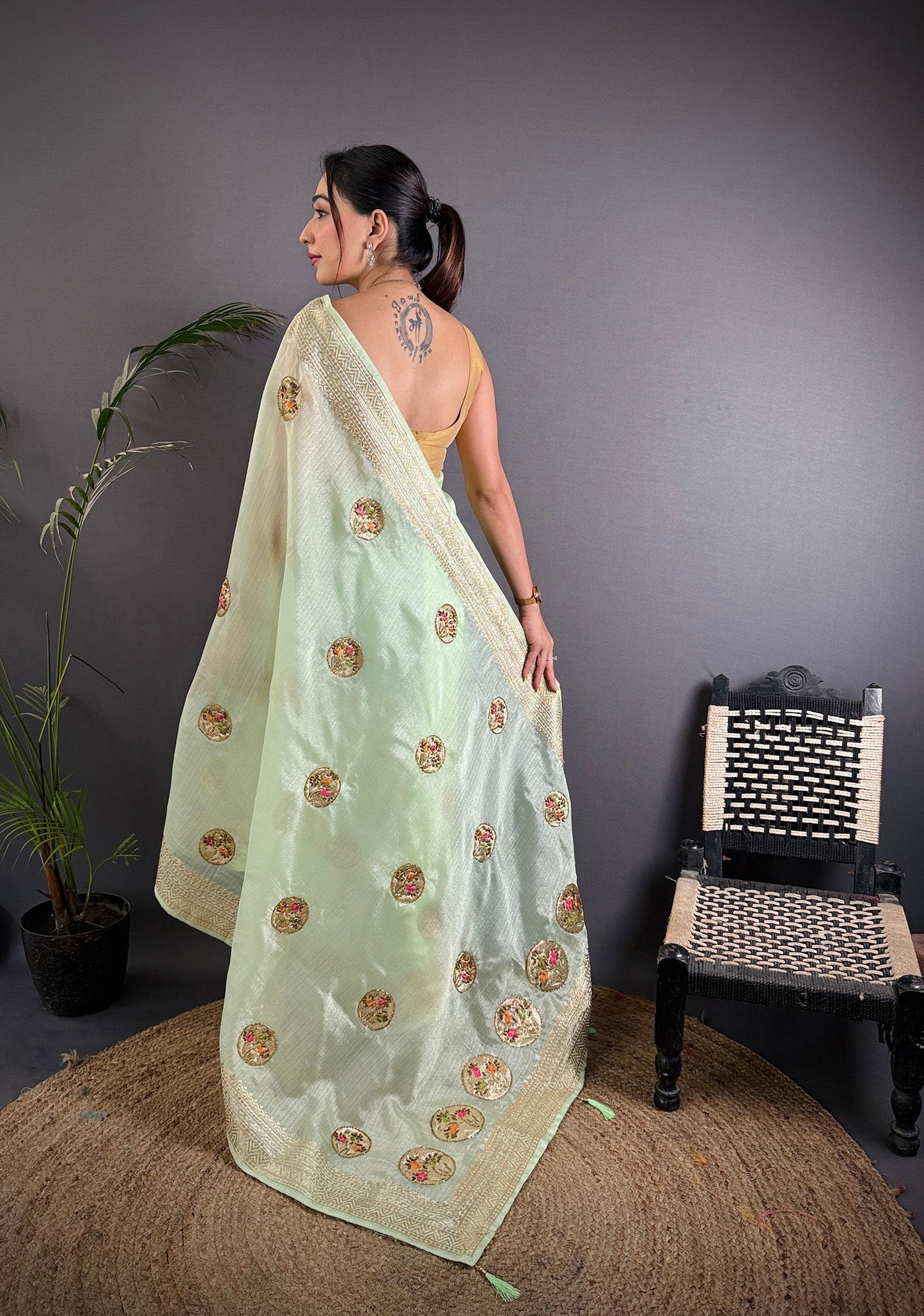Elora Light Green Organza Silk Handloom Banarasi Saree With Heavy Khatali Butta Work