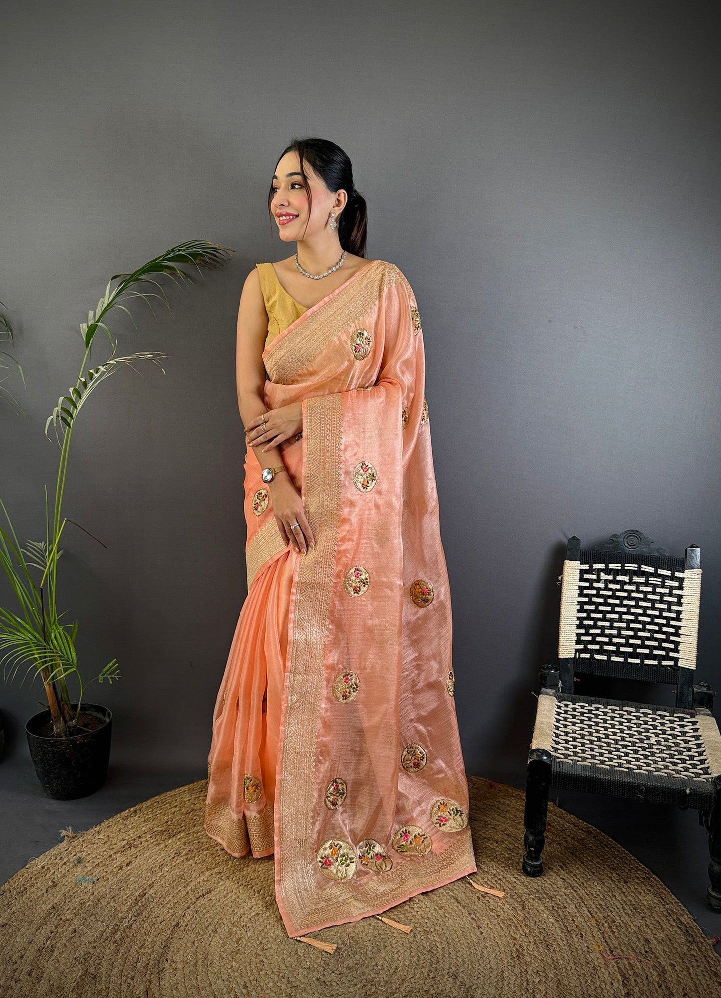 Elora Peach Organza Silk Handloom Banarasi Saree With Heavy Khatali Butta Work