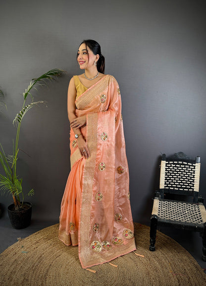 Elora Peach Organza Silk Handloom Banarasi Saree With Heavy Khatali Butta Work