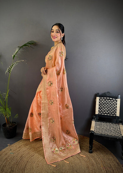 Elora Peach Organza Silk Handloom Banarasi Saree With Heavy Khatali Butta Work