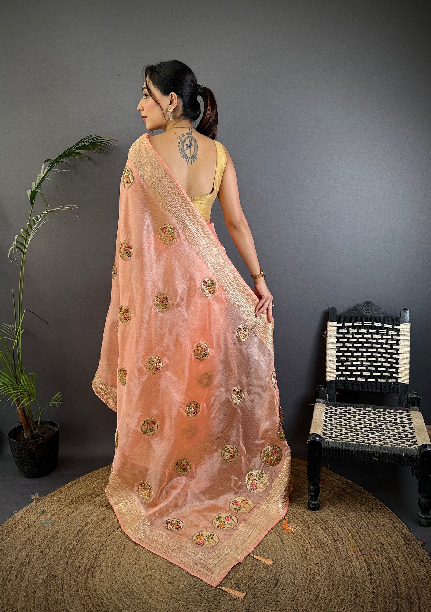 Elora Peach Organza Silk Handloom Banarasi Saree With Heavy Khatali Butta Work