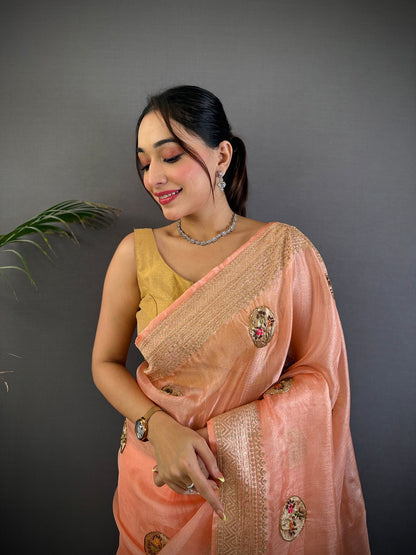Elora Peach Organza Silk Handloom Banarasi Saree With Heavy Khatali Butta Work