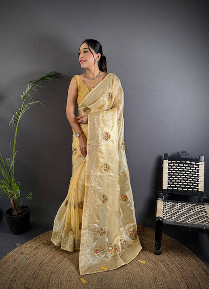 Elora Light Yellow Organza Silk Handloom Banarasi Saree With Heavy Khatali Butta Work