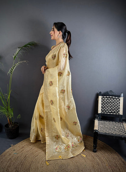 Elora Light Yellow Organza Silk Handloom Banarasi Saree With Heavy Khatali Butta Work