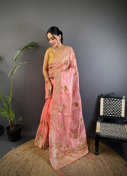 Elora Baby Pink Organza Silk Handloom Banarasi Saree With Heavy Khatali Butta Work