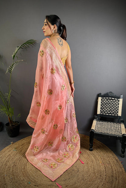 Elora Baby Pink Organza Silk Handloom Banarasi Saree With Heavy Khatali Butta Work