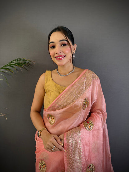 Elora Baby Pink Organza Silk Handloom Banarasi Saree With Heavy Khatali Butta Work