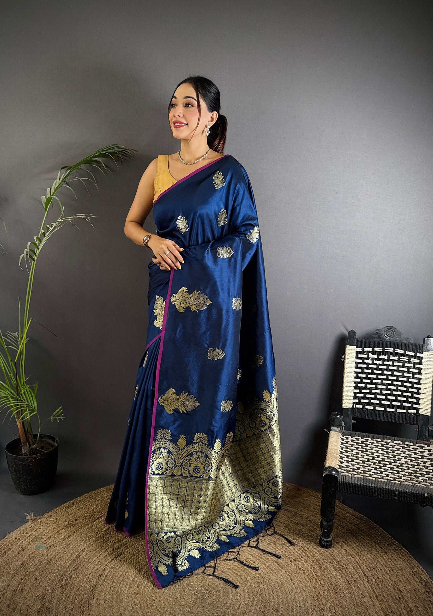 Elora Navy Blue Lichi Silk Golden Zari Meena Weaving Banarasi Saree