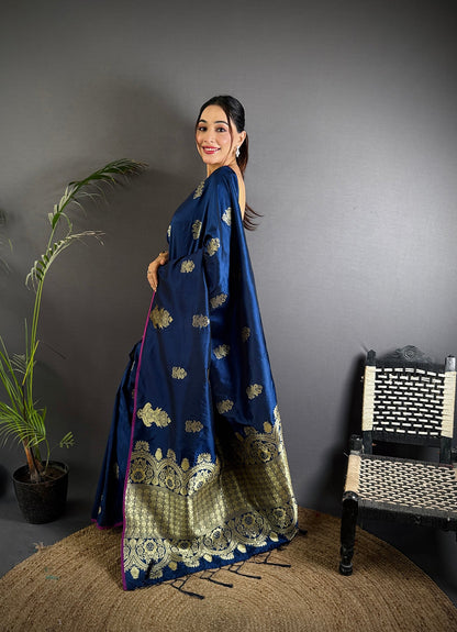 Elora Navy Blue Lichi Silk Golden Zari Meena Weaving Banarasi Saree