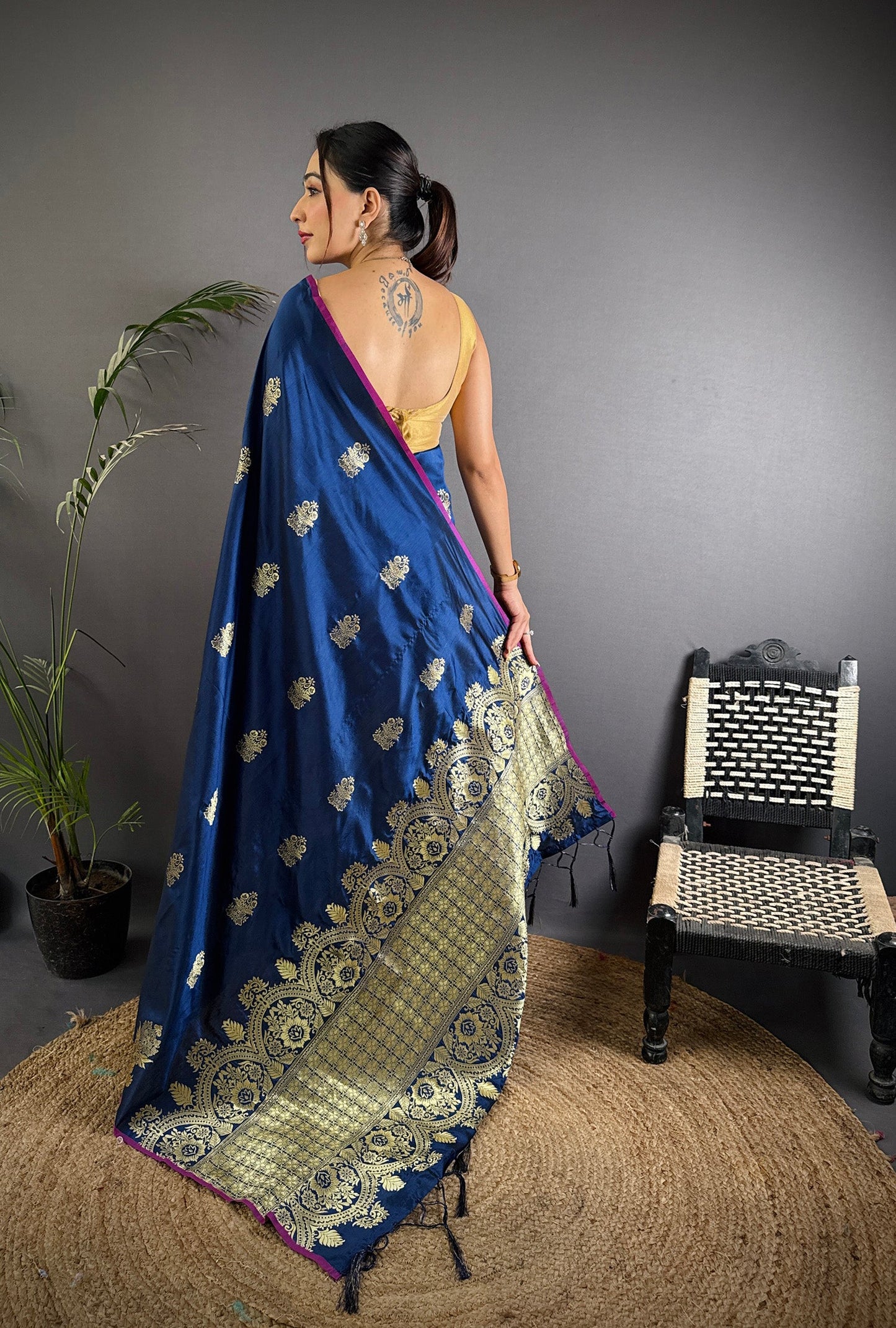 Elora Navy Blue Lichi Silk Golden Zari Meena Weaving Banarasi Saree