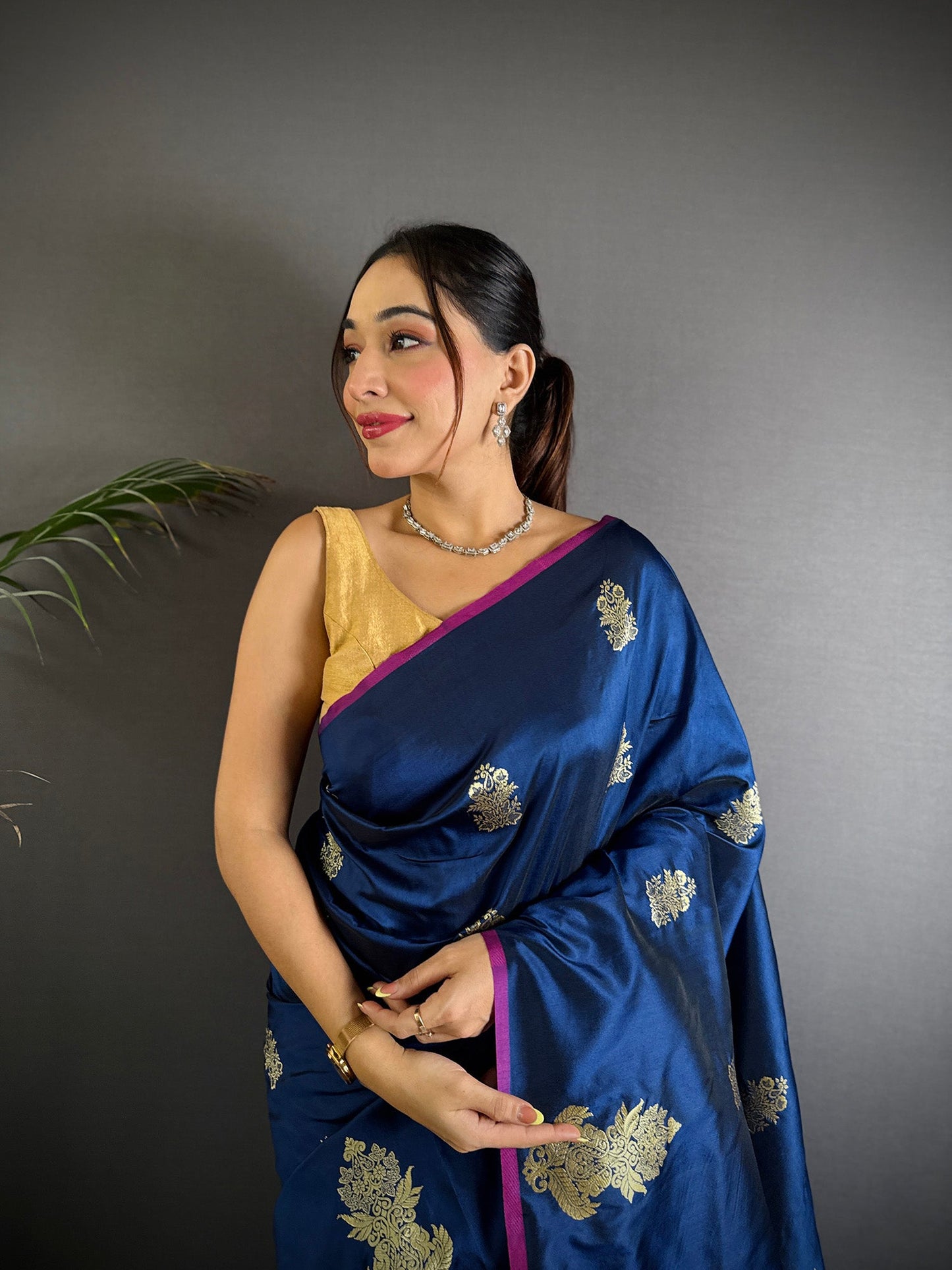 Elora Navy Blue Lichi Silk Golden Zari Meena Weaving Banarasi Saree