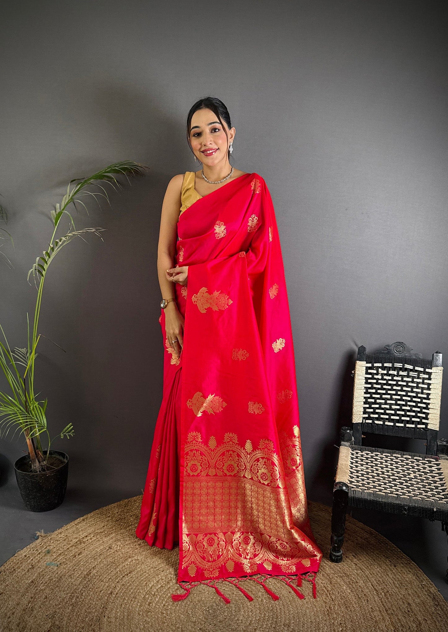 Elora Red Lichi Silk Golden Zari Meena Weaving Banarasi Saree