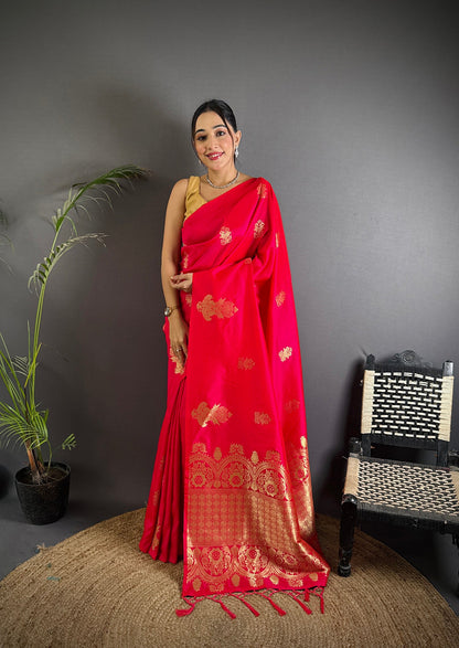 Elora Red Lichi Silk Golden Zari Meena Weaving Banarasi Saree