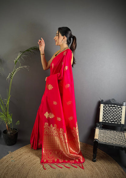 Elora Red Lichi Silk Golden Zari Meena Weaving Banarasi Saree