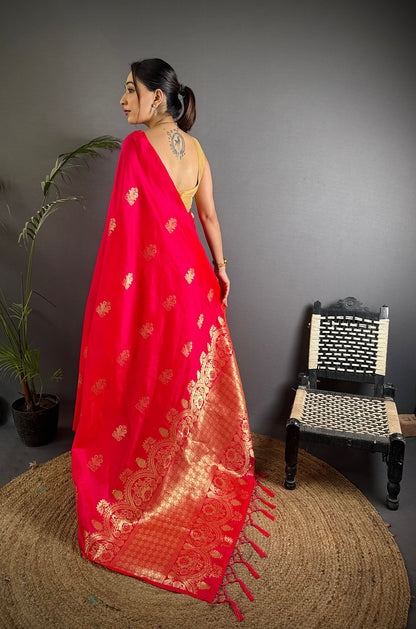 Elora Red Lichi Silk Golden Zari Meena Weaving Banarasi Saree