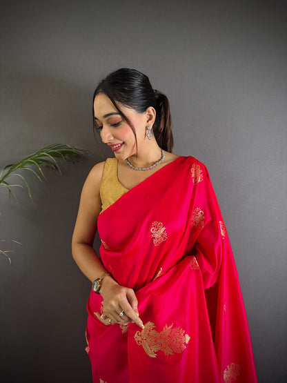 Elora Red Lichi Silk Golden Zari Meena Weaving Banarasi Saree