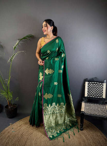 Elora Dark Green Lichi Silk Golden Zari Meena Weaving Banarasi Saree