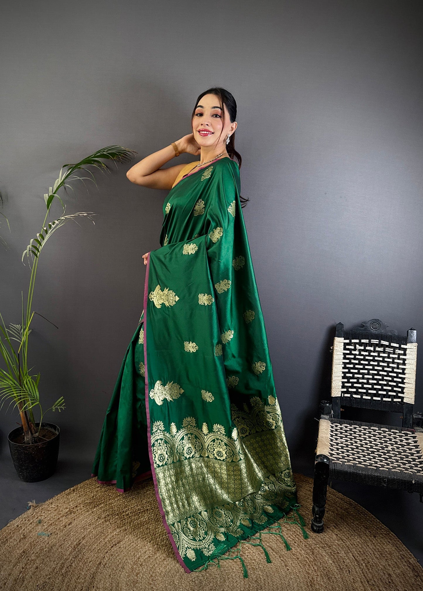 Elora Dark Green Lichi Silk Golden Zari Meena Weaving Banarasi Saree