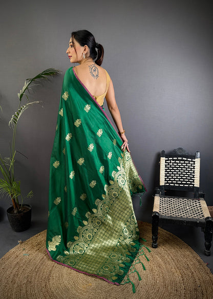 Elora Dark Green Lichi Silk Golden Zari Meena Weaving Banarasi Saree