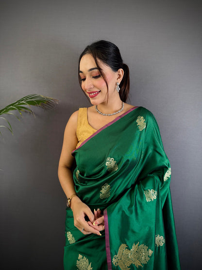 Elora Dark Green Lichi Silk Golden Zari Meena Weaving Banarasi Saree