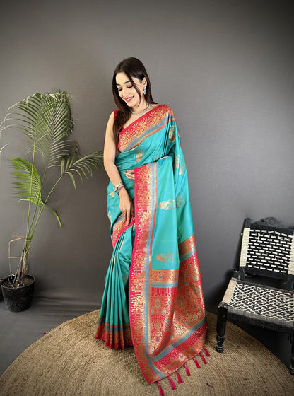 Elora Aqua Green Soft Silk Dual Zari Peacock Butta Worked Banarasi Saree