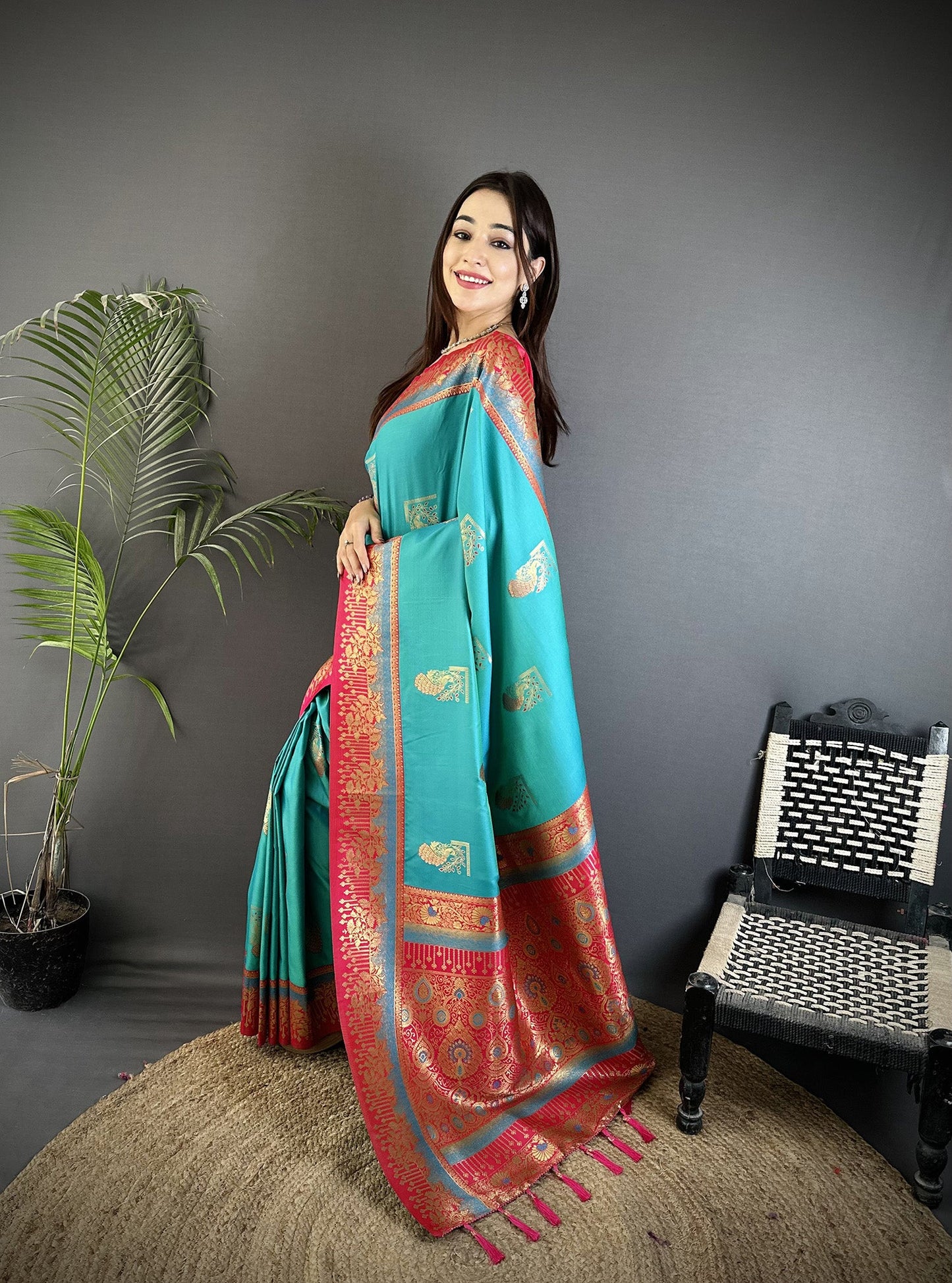 Elora Aqua Green Soft Silk Dual Zari Peacock Butta Worked Banarasi Saree