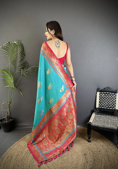 Elora Aqua Green Soft Silk Dual Zari Peacock Butta Worked Banarasi Saree